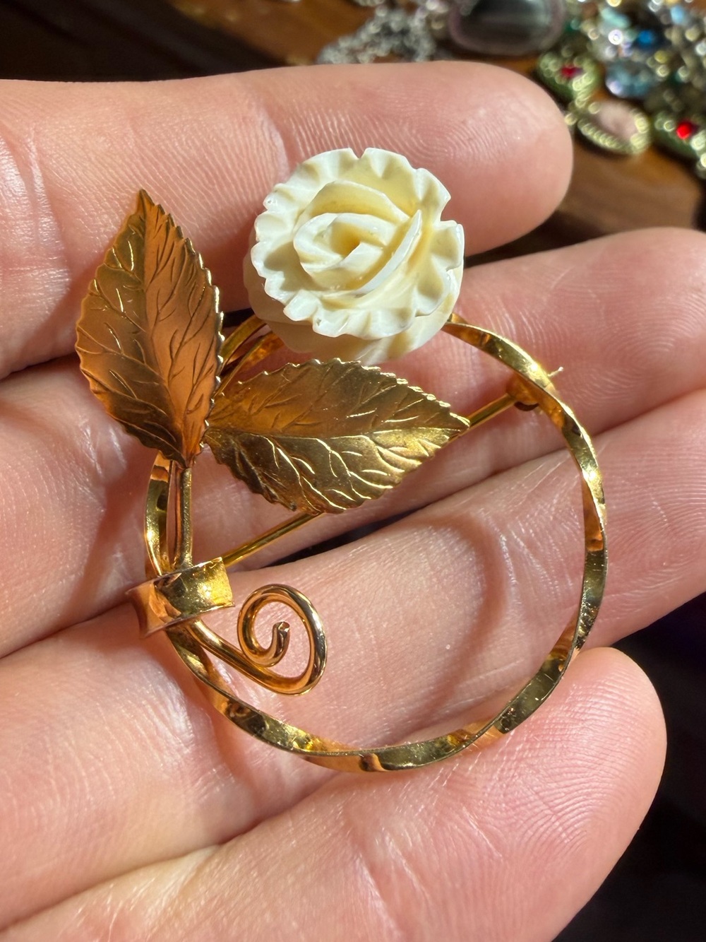 Vintage K.L. 12K Gold Filled Carved White Rose Brooch